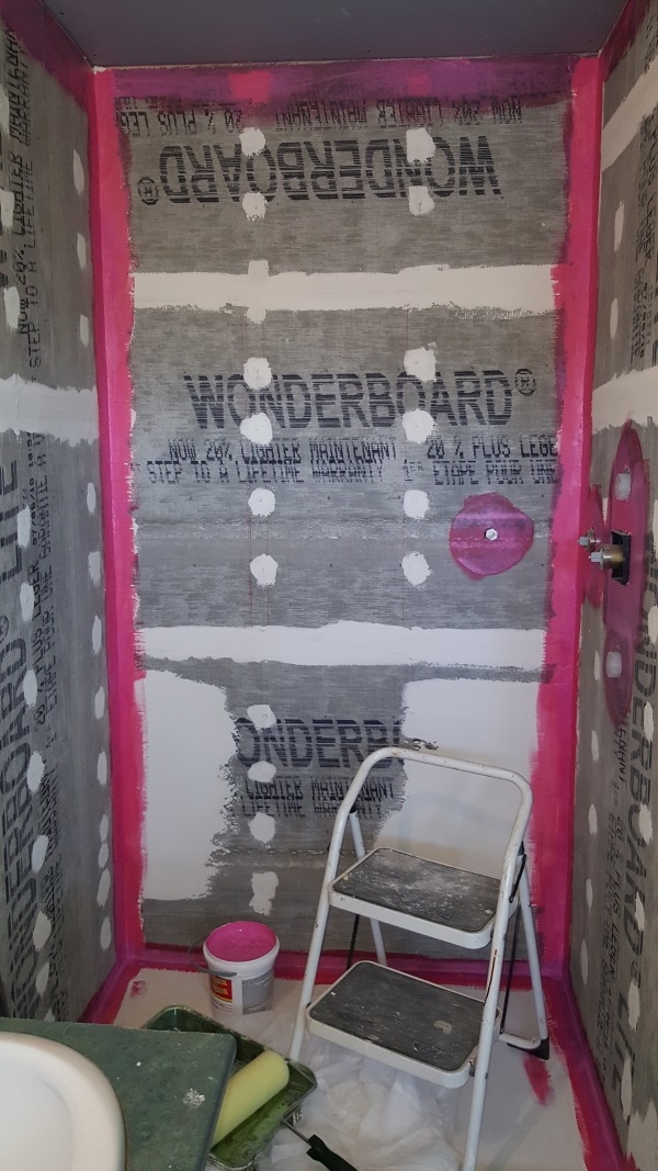 Shower cement board walls, screw heads patching, leveling the walls